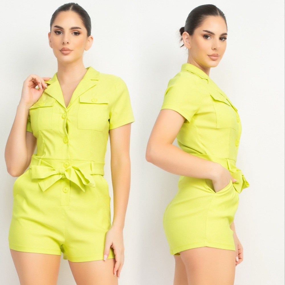 Neon lime button down collared romper